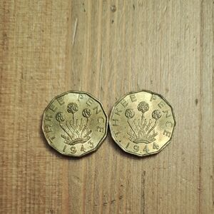 Vintage Three Pence Coins 1943 and 1944